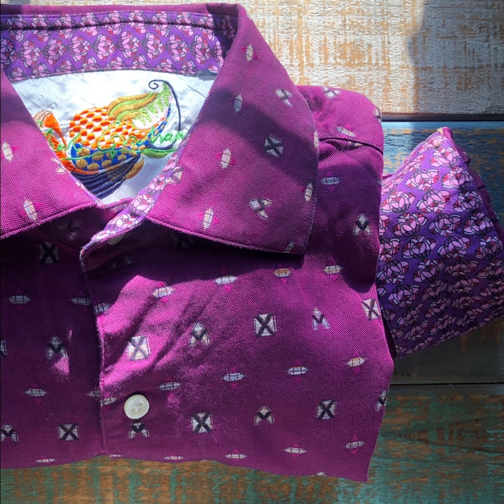 Robert Graham Purple Floral Flip Cuff Shirt XL - Picture 4 of 8